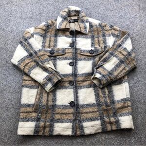 Zara Plaid Jacket in Cream, Gray, and Brown